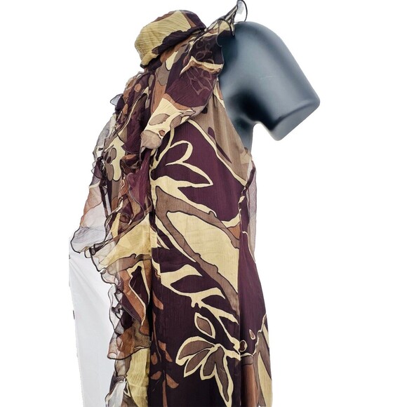 Escada Green and Brown Fauna Print Plisse Silk Ruffled Halter Maxi Dress 38 US 8 - Picture 9 of 12